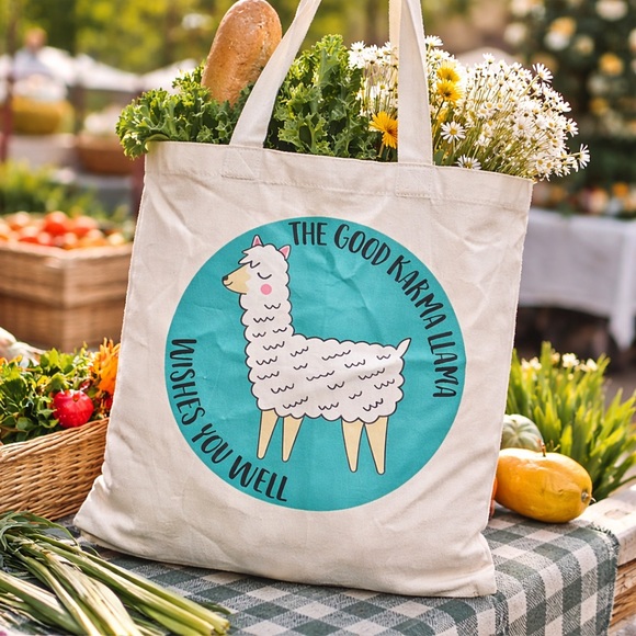Llama Tote Bag “Good Karma Llama Wishes You Well” Canvas Cotton Reusable Bag - Picture 2 of 10